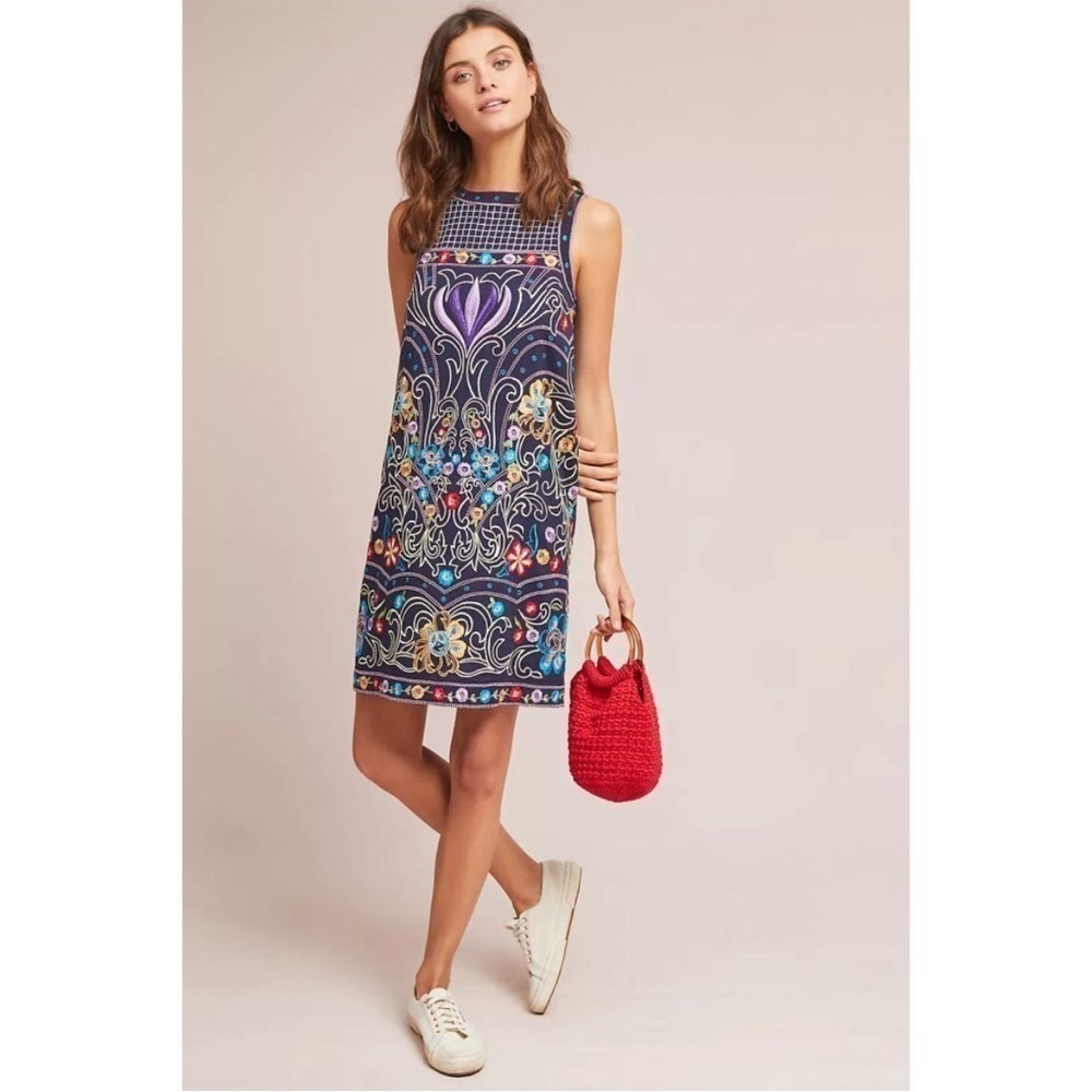 Anthropologie Maeve Kira Embroidered Tunic Navy Shift Mini Dress Size 10